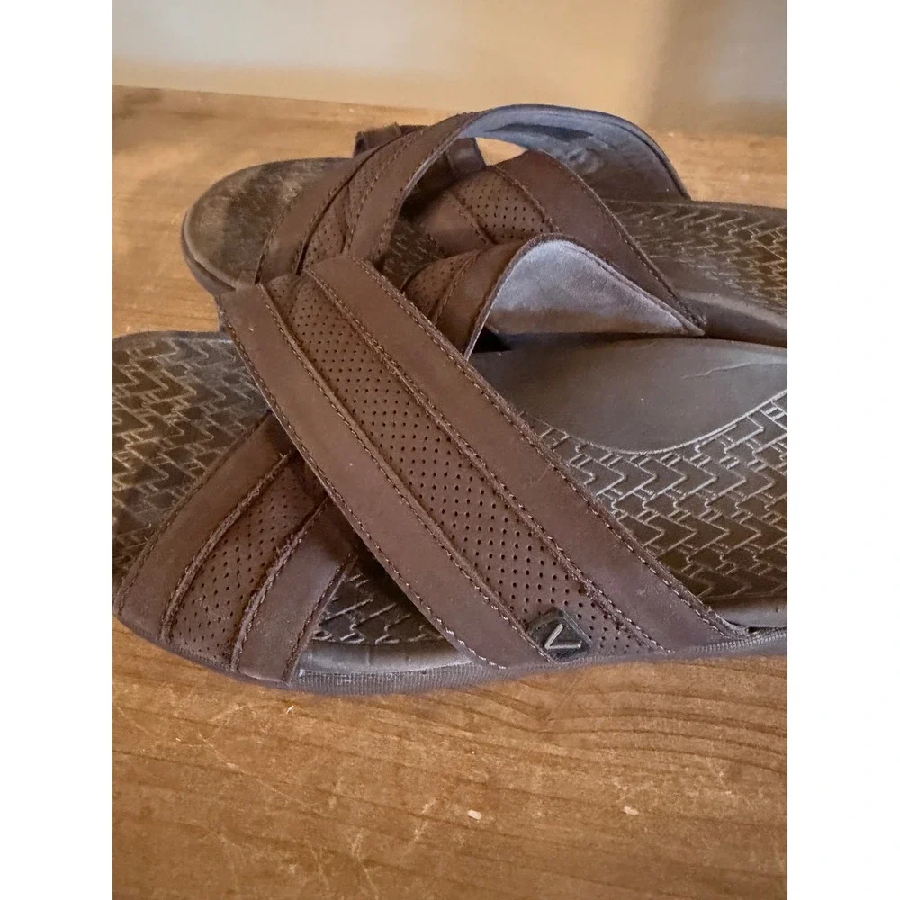 Vionic Mens‎ Bryce Slide Sandals Brown Leather Orthotic Cross Strap Shoes
